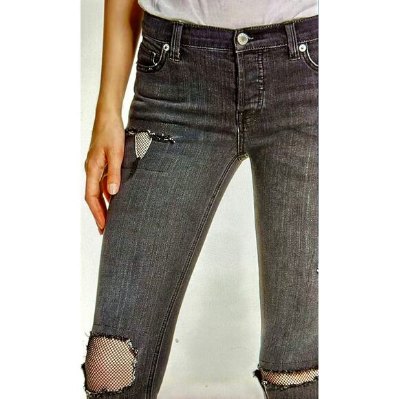 Free People Distressed Fishnet-Inlet Skinny Jeans Tupelo Blue 25 - Picture 5 of 16